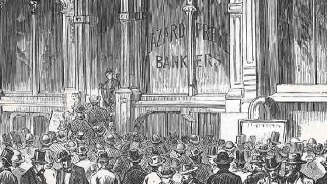Gravure d'époque : la foule devant les bureaux de Lazard Frères Bankers, à San Francisco.