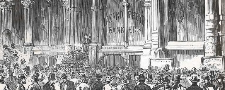 Gravure d'époque : une foule d'hommes en chapeau se presse devant les bureaux de Lazard Frères Bankers, à San Francisco.