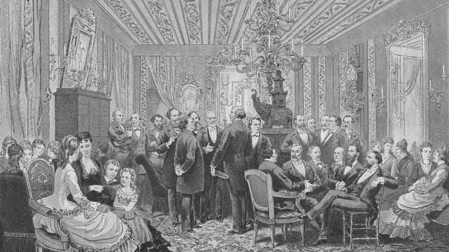 Estampe de 1875 : le salon de Victor Hugo et ses invités.